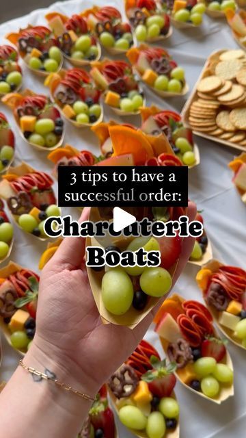 Ozark Charcuterie | Mallory Files | Oh man!!! The tips I have for you.  1. Crackers. Do NOT put these on the boats (unless it is a small batch order). Just save yourself the... | Instagram Small Charcuterie Boards For Wedding Tables, Boat Charcuterie Board, Charcuterie Boats Ideas, Charcuterie On A Stick, Small Grazing Table Ideas, Cheese And Cracker Tray Ideas, Fruit And Cheese Charcuterie Board, Charcuterie Sticks, Charcuterie Boats