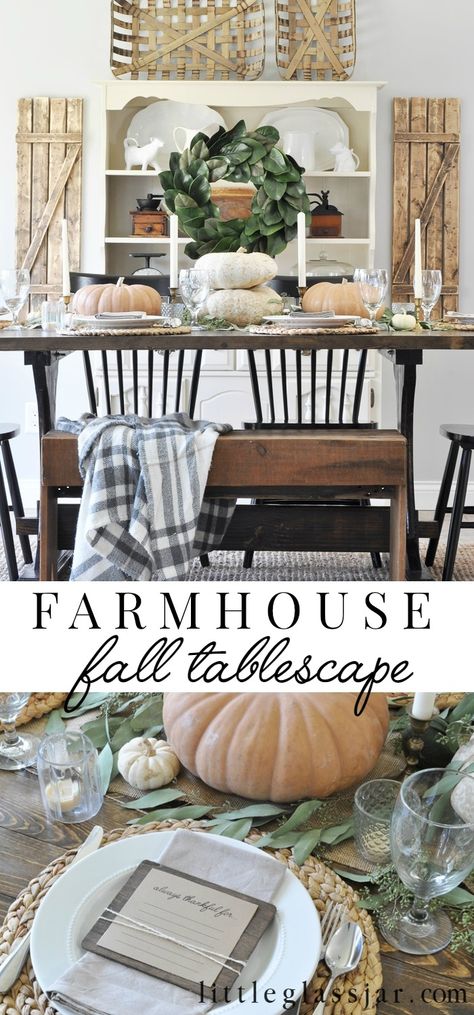 Create a festive farmhouse style fall tablescape with pumpkins, candlesticks, and greenery for any seasonal gathering or Thanksgiving! #fall #autumn #falldecor #thanksgiving #tablescape #falltablescape #entertaining #farmhousedecor Fall Tablescapes Farmhouse, Modern Farmhouse Thanksgiving Tablecloth, Basket Farmhouse, Desserts Table, Fall Forward, Farmhouse Style Lighting, Farmhouse Designs, Farmhouse Light Fixtures, Thanksgiving Tablescape