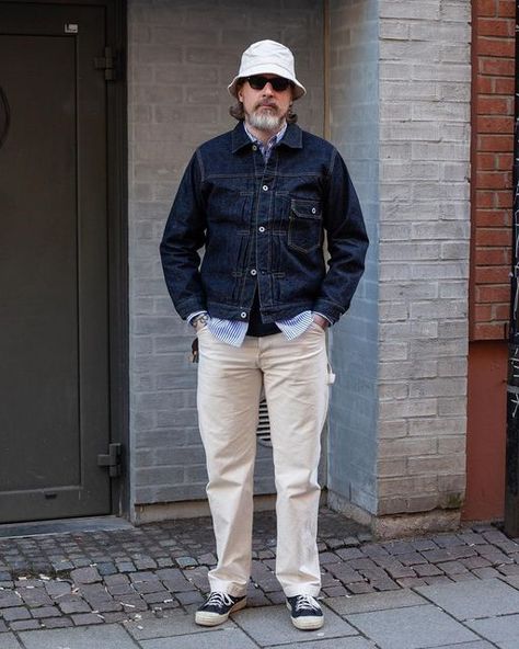 Painter Style Outfit, Painter Pants Outfit Men, Denim Jacket Men Outfit Street Style, Type 1 Denim Jacket, Denim Chore Jacket Outfit Men, Denim Jacket Outfit Mens, Japanese Denim Mens Street Styles, Vintage Selvedge Denim Outerwear, Levis Denim Jacket