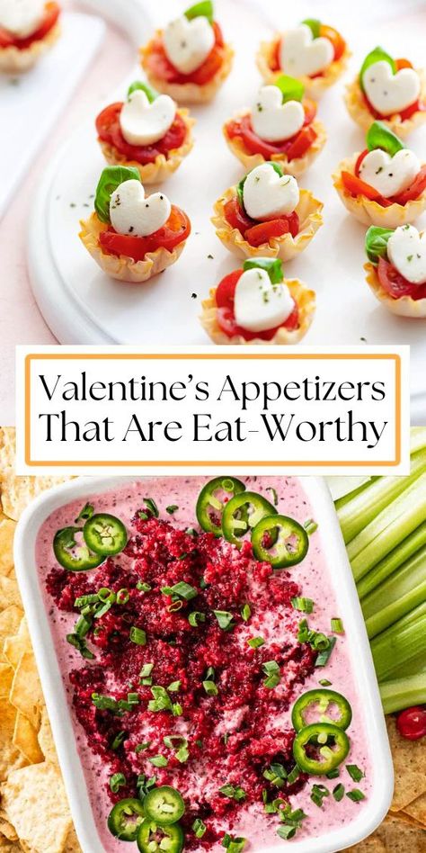 Article on 18 Valentine’s Appetizers. Heart Appetizers Valentines Day, Red Food For Valentines Day Dinner, Galantines Appetizers, Savory Valentines Day Snacks, Valentine Party Appetizers, Galentine's Party Food, Valentines Day Savory Snacks, Valentines Themed Appetizers, Savory Valentines Food