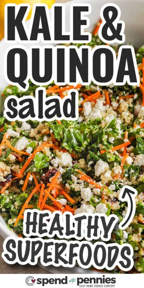 Kale Quinoa Salad Healthy Quinoa Lunch Recipes, Kale Quinoa, Recipes With Fresh Kale, Seasoned Quinoa, Greek Quinoa Salad Recipes, Kale And Quinoa Salad, Quinoa And Kale Salad, Easy Lunch Salads, Healthy Kale Salad