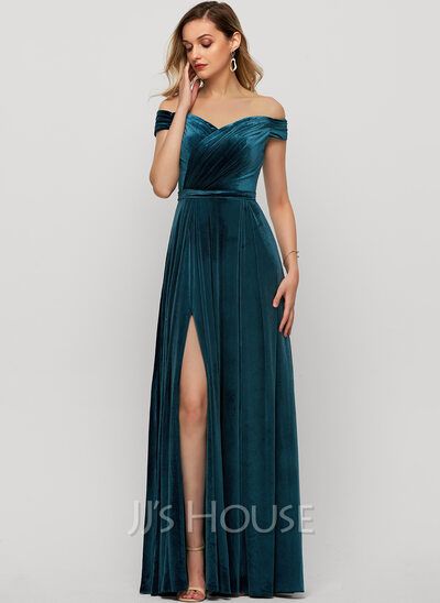 [£115.00] A-Line Off-the-Shoulder Floor-Length Velvet Evening Dress With Split Front Neon Prom Dresses, Jersey Evening Dress, Velvet Evening Dress, Dresses By Pattern, Lace Evening Dress, Velvet Bridesmaid Dresses, Ruffle Beading, Tulle Evening Dress, Satin Evening Dresses