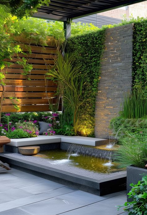 Water Feature Garden Ideas, Pergola Garden Ideas, Water Features For The Yard, Water Feature Wall, Small Courtyard Gardens, Front Yard Garden Design, Small Fountains, Small Courtyards, Pond Design