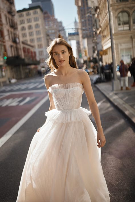 Netta Benshabu Bridal, Long Wedding Gown, Wedding Dresses Kleinfeld, Long Gown For Wedding, Tiered Tulle Skirt, Net Skirt, Homecoming Formal Dresses, Straight Across Neckline, Tulle Neckline