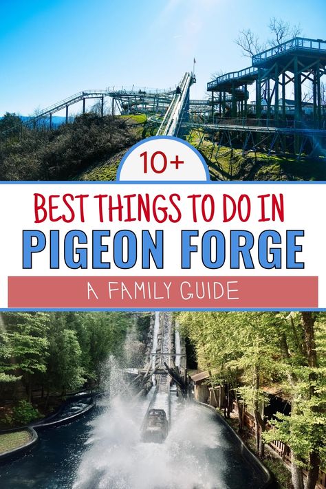 A colorful graphic featuring the title "10+ Best Things to Do in Pigeon Forge: A Family Guide" with a scenic view of a roller coaster and a water ride in the background, emphasizing family-friendly activities. Tennessee Family Vacation, Candy Samples, Things To Do Inside, Smoky Mountains Vacation, Pigeon Forge Tennessee, Bank Check, Cheap Things To Do, Mountain Vacations, Free Candy