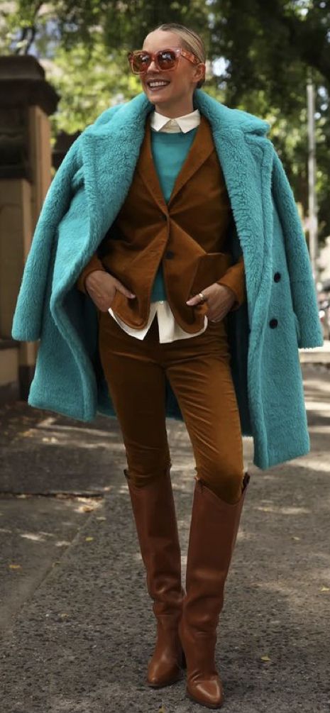 Turquoise Cardigan Outfit, Brown And Turquoise Outfit, Ethereal Office, Turquoise Shoes Outfit, Turquoise Outfit, Working Girl Style, Maxi Skirt Winter, Turquoise Clothes, Teal Outfits