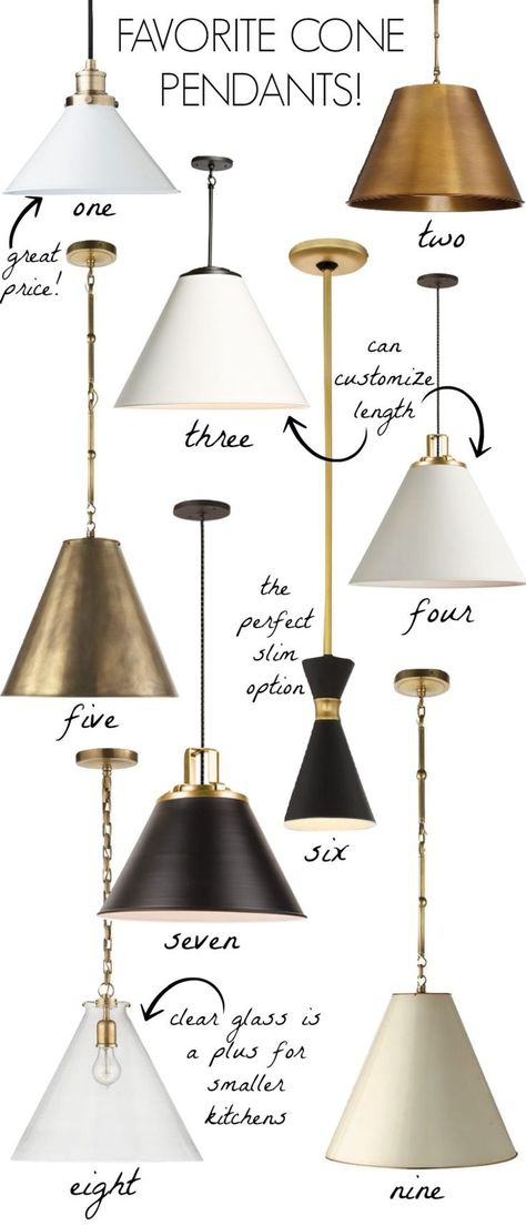 Love all of these cone pendant lights - love them over kitchen islands! Black, white, or brass and skinny or wide - so many options!! #pendants #lighting #lights #brass Brass Pendant Lights Kitchen, Brass Island, Pendant Track Lighting, Lights Over Kitchen Island, Cone Pendant Light, Driven By Decor, Kitchen Lighting Ideas, Lights Ideas, Kitchen Island With Seating