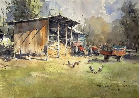 Direk Kingnok Watercolor artist After harvest 36 x 50 cm. Keiko Tanabe, Direk Kingnok, Watercolor Farm, Zebra Art, Watercolor Workshop, Watercolour Inspiration, Old Tractors, Loose Watercolor, Watercolor Artists