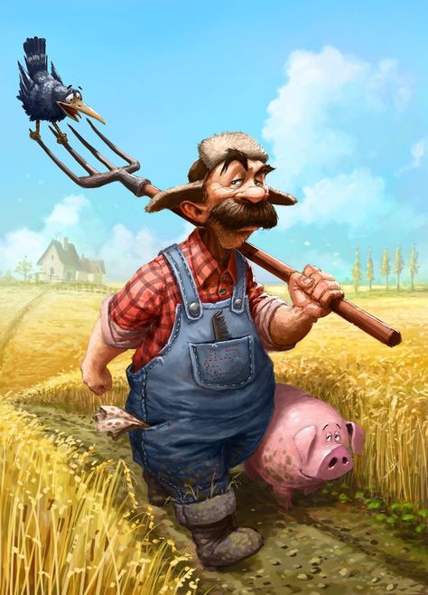 Farmer Illustration Character, Fantasy Farmer, Farmer Cartoon Character, Farmer Character Design, Farmer Drawing, Farmer Character, Cartoon Farmer, Farmer Cartoon, Farmer Illustration