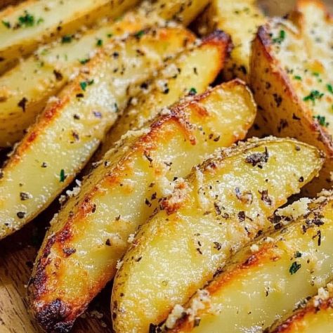 BAKED GARLIC PARMESAN POTATO WEDGES Baked Garlic Parmesan Potato Wedges, Garlic Parmesan Potato Wedges, Seasoned Potato Wedges, Parmesan Potato Wedges, Parmesan Potato, Italian Potatoes, Garlic Parmesan Potatoes, Potato Wedges Baked, Parmesan Potatoes