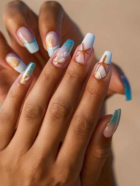 Beginners DIY Summer Nail Art for Free Beach Nail Designs Coffin, Beach Design Nails, Nails For Vacation, Coastal Nails, Turtle Nails, Hawaiian Nails, Beach Themed Nails, Vacation Nails Beach, Cruise Nails