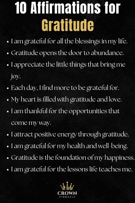 10 Affirmations for Gratitude Cultivate a grateful heart and attract positivity with these affirmations for gratitude. Practice them daily to appreciate life’s blessings and open the door to abundance. 10 Affirmations, Goals Affirmations, Positive Affirmations For Success, Attract Positivity, Attract Success, Gratitude Practice, Affirmations For Success, Gratitude Affirmations, Appreciate Life