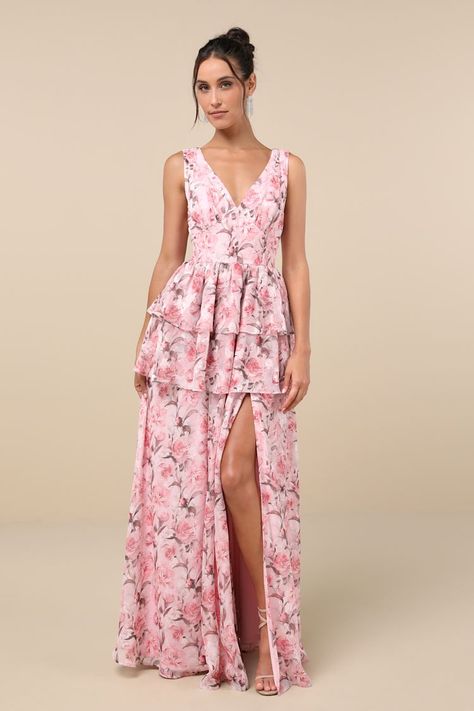 Blush Pink Floral Dress - Floral Maxi Gown - Tiered Maxi Dress - Lulus Pink Floral Bridesmaid Dress, Light Pink Floral Dress, Prom Dresses Corset, Black Wedding Guest Dresses, Blue Wedding Guest Dresses, Casual Wedding Guest Dresses, Pink Floral Maxi Dress, Outfit Options, Casual Formal Dresses