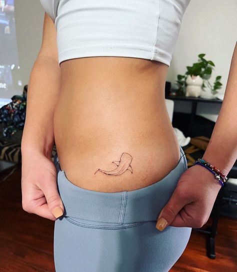 Minimalist Whale Shark Tattoo, Shark And Whale Tattoo, Small Marine Life Tattoos, Whale Shark Hip Tattoo, Whale Shark Fine Line Tattoo, Small Whale Shark Tattoo, Whale Shark Tattoo Design, Marine Animal Tattoo, Fine Line Shark Tattoo