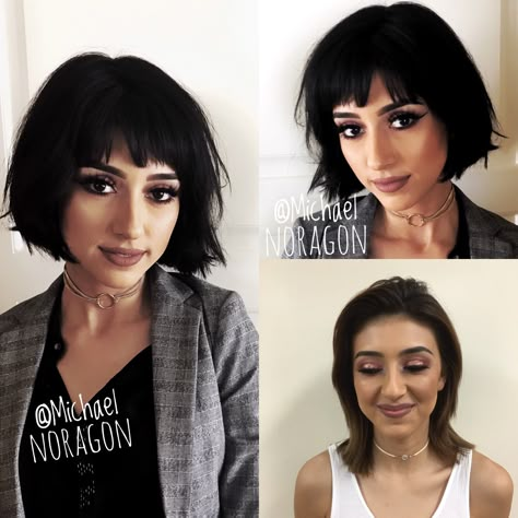 Before and after. Shorter horizontal bob with a great fringe. French Bob Before And After, Bangs Big Nose, Fringe Before And After, Bangs Before And After, Bob With Short Bangs, Before And After Bangs, Short Hair With Fringe, French Bobs, Short Bob With Fringe