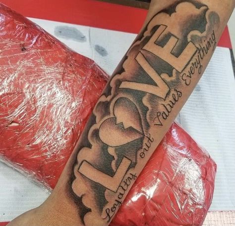 Hood Love Tattoos, Women Tattoo Quotes Ideas, Loyalty Out Values Everything Tattoo For Men, Loyalty Over Love Tattoo For Men, Loyalty Out Values Everything Tattoo Design, My Everything Tattoo, Hood Tattoos For Men Arm, Love Out Values Everything Tattoo, Fear None Tattoo Men