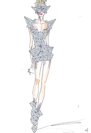 Lady Gaga Costumes for Monster Ball Tour by Giorgio Armani, a collaboration that’s out of this world - FocusOnStyle | Sharon Haver Lady Gaga Costume, Lady Gaga Fashion, Origami Fashion, Geometric Fashion, Fashion Illustration Sketches Dresses, Sketches Dresses, Fashion Sketchbook, Fashion Sketch, Dress Sketches