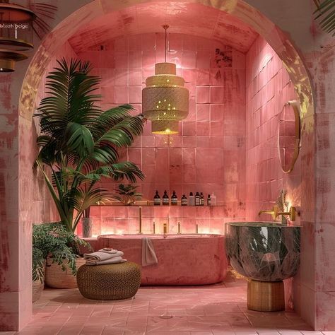 Pink Earthy Bathroom, Pink Spa Bathroom, Barbiecore Bathroom, Aesthetic Bathroom Pink, Pink Tiled Bathroom, Mexico Interior, Drømme Bad, Dream House Rooms, Apartment Decor Inspiration