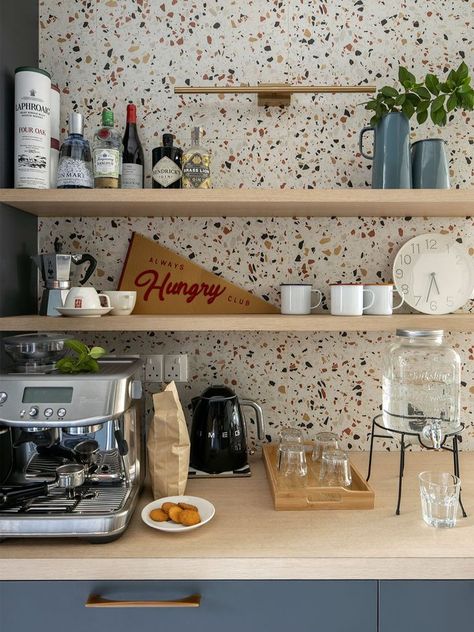 A pantry for all your kitchen favourites, and terrazzo patterns for a little touch of retro. Design by Ethereall Terrazo Tiles Kitchen Backsplash, Terazzo Kitchen Tiles, Terrazzo Kitchen Tiles, Terazzo Kitchen Worktop, Terrazo Kitchen Splashback, Terrazo Tile Kitchen, Terrazo Backsplash Tile, Terrazzo Tiles Kitchen, Terrazzo Backsplash Kitchen