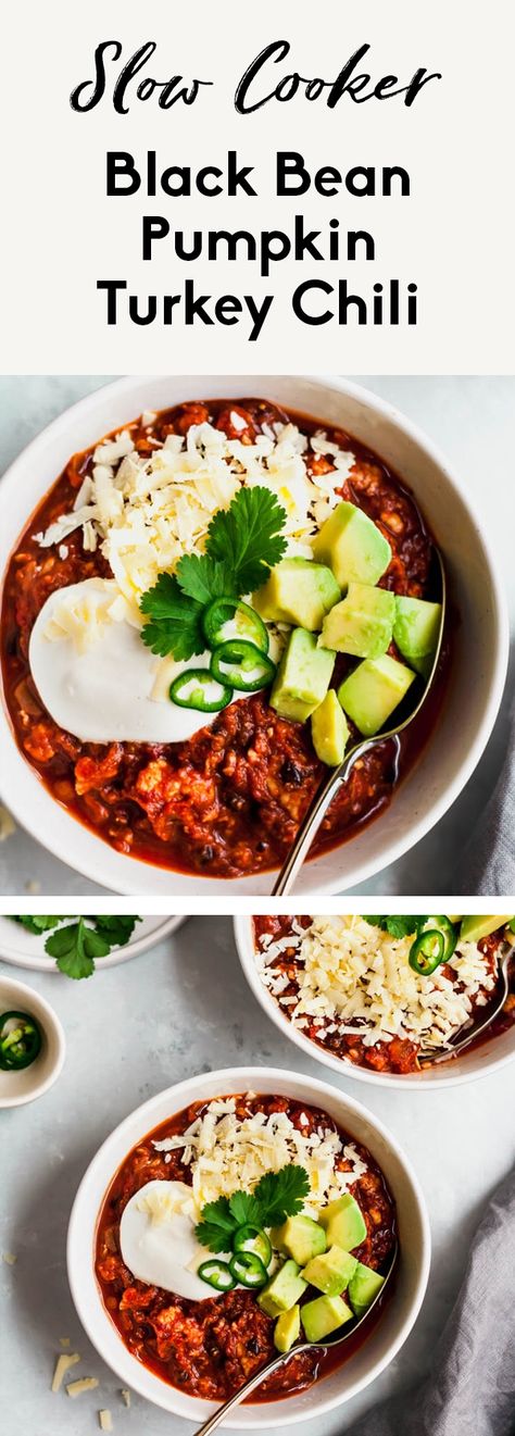 Delicious, healthy slow cooker black bean pumpkin turkey chili bursting with sweet & spicy flavors thanks to hints of maple, cinnamon, chili powder & cayenne. This easy slow cooker pumpkin turkey chili recipe is freezer-friendly and great for busy weeknights! The perfect fall food. #chili #chilirecipe #pumpkinrecipe #slowcooker #fallfood #gameday #glutenfree #healthydinner #mealprep Crockpot Sweet Potato Turkey Chili, Pumpkin Turkey Chili Crockpot, Sweet Potato Black Bean Turkey Chili, Slow Cooker Pumpkin Chili Vegetarian, Black Bean Pumpkin Chili, Slow Cooker Turkey Pumpkin Chili, Turkey Black Bean Chili, Turkey Pumpkin Chili, Pumpkin Lasagna