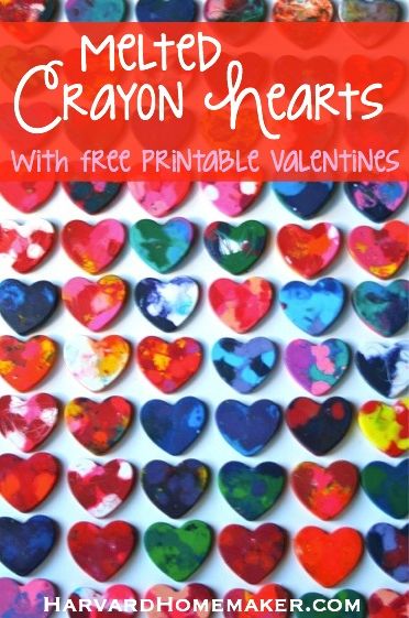 Melted Crayon Hearts with Free Printable Valentines by Harvard Homemaker Valentine Crayon Melt, Melted Crayon Valentines, Diy Heart Crayons, Diy Melted Crayons, Crayon Hearts Valentine For Kids, Valentines Crayons, Melted Crayon Heart Valentine, Heart Crayons Valentine, Crayon Hearts Melted