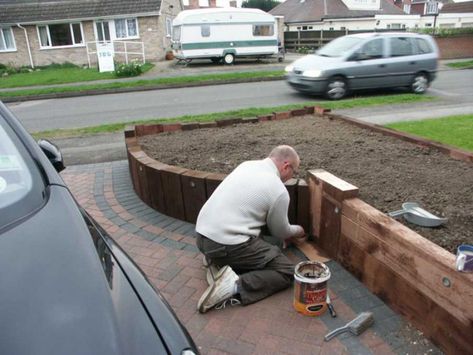 Sleepers Garden, Railway Sleepers Garden, Sleeper Wall, Sleepers In Garden, Railroad Tie, Railroad Ties, Garden Raised Beds, Front Garden Ideas, Railway Sleepers