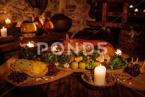 Medieval ancient kitchen table with typical food in royal castle. Stock Photos #AD ,#table#typical#kitchen#Medieval Ancient Kitchen, Banquet Food, Mango Flower, Pumpkin Stew, Medieval Banquet, Recetas Halloween, Medieval Party, Orange Sorbet, Royal Castle