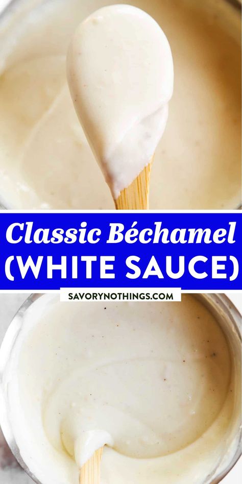 A Classic Béchamel Sauce (also known as “white sauce”) is one of the most simple recipes out there, but it is such a great technique to know! Made with a roux, milk and nutmeg, this turns into a base for so many delicious recipes – from classic Lasagna to creamy pastas and even as a sauce for vegetables or a decadent Mac and Cheese. | #easyrecipes #homemade #bechamel #whitesauce #saucerecipe Cheesy White Sauce, Beshemell Sauce Recipe, Chesse Sauce, Heavy Cream Sauce, Easy Cream Sauce, Bechamel Cheese Sauce, Creamy Pastas, Vegan Butter Substitute, Homemade White Sauce