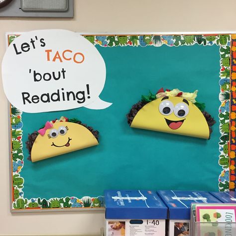 Let's Taco 'bout Reading bulletin board with cactus border to go with my southwestern themed classroom! Taco Classroom Theme, Taco Bulletin Board Ideas, Mexico Themed Classroom, Fiesta Classroom Theme, Food Theme Classroom, Fiesta Bulletin Board Ideas, Taco Bulletin Board, Emoji Bulletin Board, Reading Bulletin Board