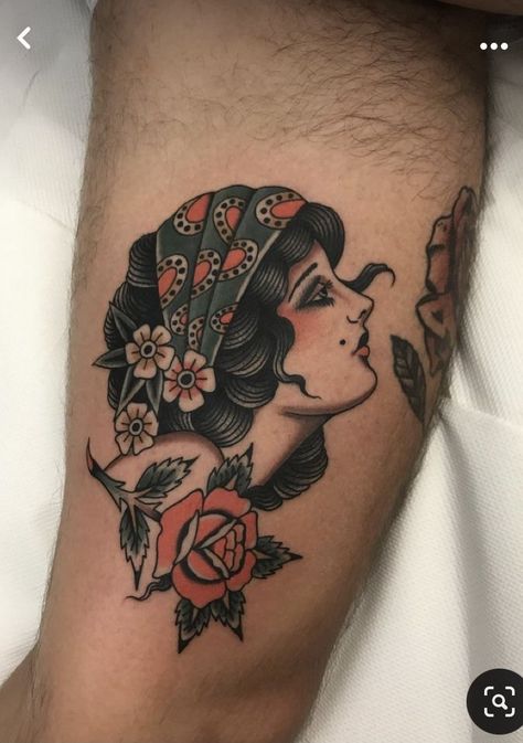 Traditional Tattoos Woman Face, Romani Tattoos Traditional, American Traditional Lady Tattoo, American Traditional Tattoos Unique, Romani Traditional Tattoo, Italian Traditional Tattoo, Traditional Tattoo Half Sleeve, Old School Woman Tattoo, Traditional Women Tattoo