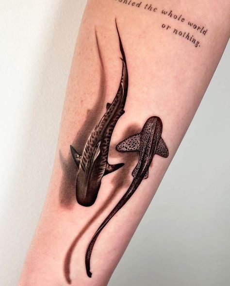 56 Captivating Shark Tattoos With Meaning - Our Mindful Life 2 Shark Tattoo, Tiger Shark Tattoo, Small Shark Tattoo, Shark Tattoo Ideas, Whale Shark Tattoo, Hai Tattoo, Tatoo 3d, Shadow Tattoo, Our Mindful Life