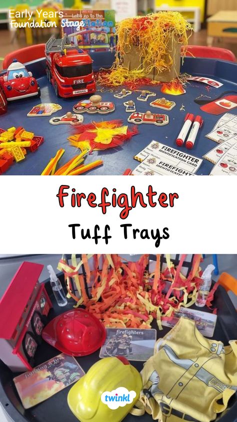 People who help us eyfs - firefighters. Thanks to @sensoryplay_send @darulaqum_preschool Fire Engine Activities Eyfs, Fire Fighter Tuff Tray, People That Help Us Activities, Eyfs Firefighters Activities, People Who Help Us Activities For Toddlers, Eyfs Firefighters, People Who Help Us Preschool Activities, People That Help Us Preschool Activities, People Who Help Us Activities Preschool