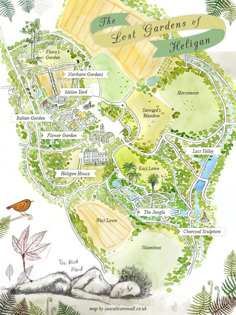 The Lost Gardens Of Heligan, Heligan Gardens, Green Veil, Garden Map, Cornwall Map, Lost Gardens Of Heligan, Village Map, Illustrated Maps, Lost Garden