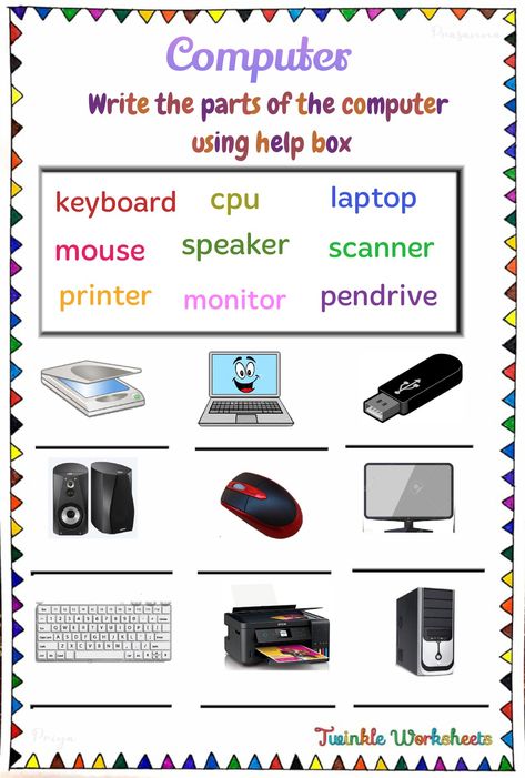 This is a computer worksheet for grade 1 kids. Parts of computer is given in form of picture. Students have to read aloud the name of the part from the help box with spellings and write under the correct picture. Have fun learning with us!. Part Of Computer Worksheet, Computer Parts Name, Computer Lab Worksheets, Computer Lessons For Elementary, Computer Grade 1 Worksheet, Parts Of A Computer For Kids, Computer Worksheet Class 2, Technology Worksheets For Kids, Parts Of Computer Worksheet