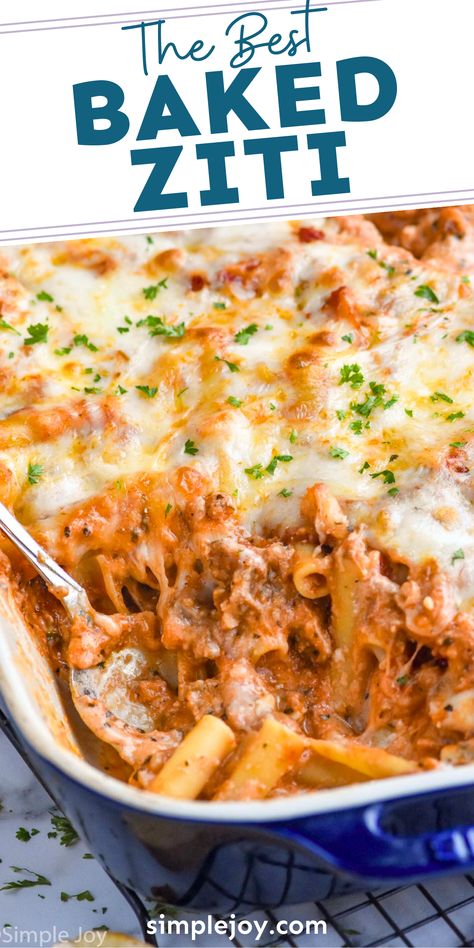 This Baked Ziti with sausage is amazing comfort food. Your whole family will love this delicious baked pasta, and you will love that it can be made in advance! Pasta With Sausage And Ricotta, Essential Cooking Ingredients, Baked Pasta Recipes With Ground Beef, Baked Pasta Recipes With Ricotta, Italian Baked Dishes, Italian Sausage Ziti Bake, Italian Sausage Baked Pasta, Baked Pasta With Italian Sausage, Sweet Italian Sausage Pasta Recipes