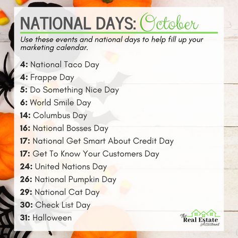 Keep your marketing calendar full all month long with these National Days in October 2019!! 🌮☕😁🎃✔️👻  . . . . . . #NationalDays2019 #NationalDays #OctoberFoodHolidays #OctoberHolidays #MarketingCalendar #NationalTacoDay #FrappeDay #WorldSmileDay #BossesDay #UnitedNationsDay #NationalPumpkinDay #CheckListDay #Halloween October Days, October Daily, National Days In October, United Nations Day, National Celebration Days, National Holiday Calendar, Silly Holidays, Monthly Celebration, World Smile Day