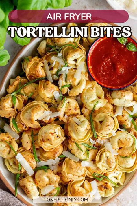 Perfect for a crunchy snack or as a simple appetizer, this air fryer tortellini recipe is quick, easy, and oh so tasty! Seasoned cheese-filled tortellini coated in parmesan before air fried until perfectly golden and crunchy, this will be your new favorite air fryer recipe. Easy Tortellini Appetizers, Cheese Tortellini Air Fryer, Fried Tortellini Air Fryer, Fried Tortellini Recipes, Half Fried Tortellini, Deep Fried Tortellini, Tortellini Bites Appetizers, Tortellini Appetizer Recipes, Air Fried Tortellini