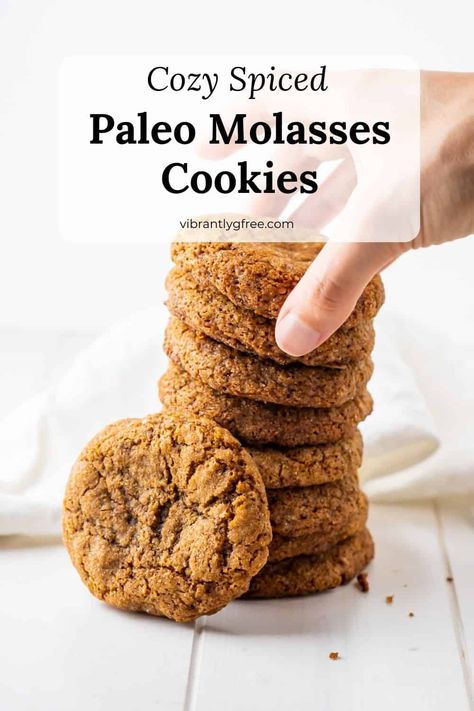 Cozy Spiced Paleo Molasses Cookies - Vibrantly g-Free Gluten Free Soft Molasses Cookies, Gluten Free Pumpkin Molasses Cookies, Paleo Molasses Cookies, Gluten Free Dairy Free Ginger Molasses Cookies, Almond Flour Ginger Molasses Cookies, Gluten Free Soft Ginger Molasses Cookies, Gluten Free Holiday Baking, Sf Desserts, Paleo Baking Recipes