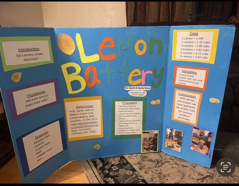 Battery Science Fair Project, Lemon Battery Science Project, Science Project Board, Starting Kindergarten, Science Fair Project, Science Crafts, 4th Grade Science, Fair Projects, Science Fair Projects