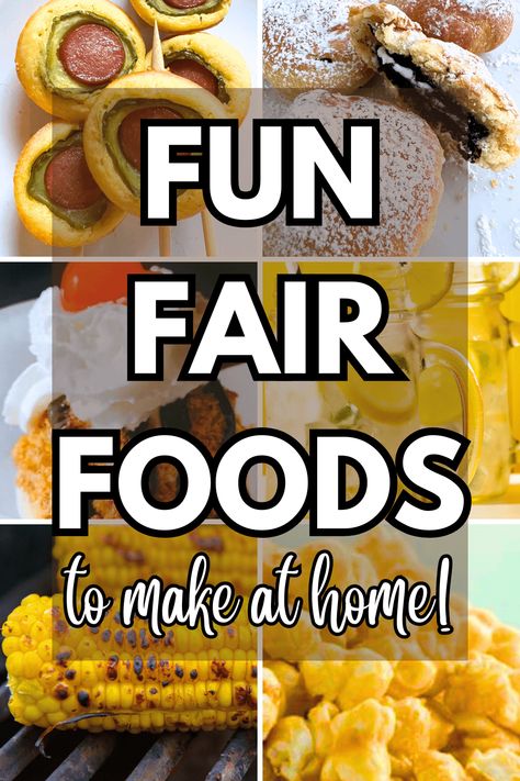 Easy Fair Foods Recipes To Make At Home - fun fair recipes and festival recipes for homemade fair foods like fried Oreos, fair lemonade recipe, pickle corn dogs like the fair, fair corn, kettle corn recipe and more! #fairfoods #partyfoods #snacks #kettlecorn #festivals Carnival Food Recipes, Fair Lemonade Recipe, Foods To Make At Home, Carnival Eats Recipes, Caramel Apple Snacks, Fair Lemonade, Kettle Corn Recipe, Fair Recipes, Fair Foods