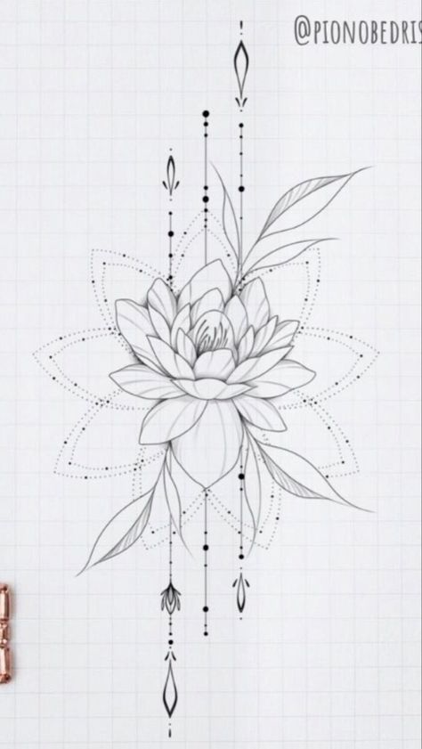 Lotus With Leaves Tattoo, Back Of Arm Mandala Tattoo, Dot Lotus Tattoo, Fineline Feminine Tattoo, Bohemian Flower Tattoo, Lotus Flower Tattoo Designs For Women Arm, Lotus Dot Mandala, Arm Mandala Tattoos For Women, Ornamental Tattoo Design Back