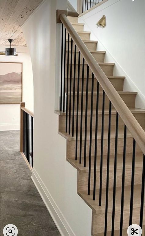 Amber Interiors Staircase, Stair Baluster Ideas, Colonial Stairs, Waterfall Staircase, Dream House Staircase, Staircase Renovation, Staircase Landing, Ranch House Exterior, Stairs Design Interior