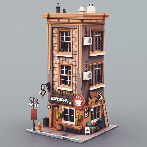 City Environment Concept Art, Stylized Building, Market Exterior, Low Poly Building, Isometric Building, Town Apartment, 3d Building Design, Cartoon Building, Architecture Facade