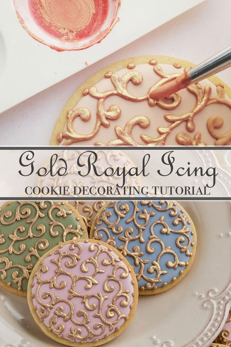 How To Make Gold Royal Icing For Cookies, Gold Cookie Icing, Gold Royal Icing Cookies, Gold Cookies Decorated, How To Make Metallic Gold Royal Icing, Gold Icing How To Make, Royal Icing Designs Easy, Birthday Icing Cookies, How To Make Gold Icing