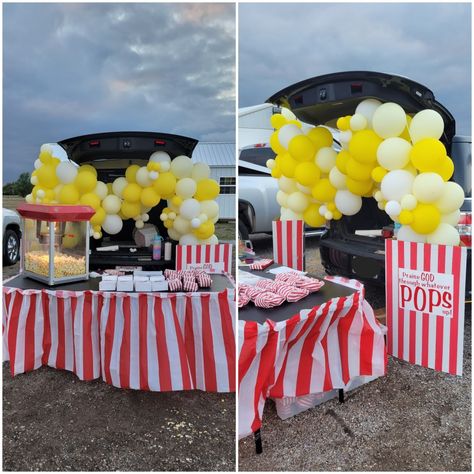 Fall Festival Popcorn Booth, Popcorn Trunk Or Treat Ideas For Cars, Trunk Or Treat Ideas For Cars 50s Theme, Halloween Trunks For Church, Popcorn Concession Stand Ideas, Gods Team Trunk Or Treat, Trunk Or Treat Ideas For Booths, Trunk Or Treat Ideas Fast Food, Trunk Or Treat Concession Stand