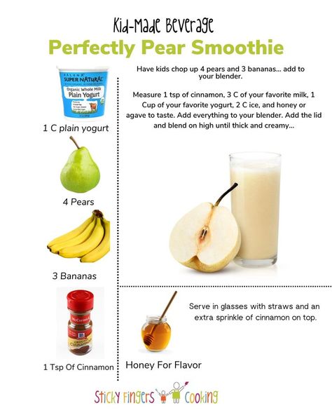 Kid-Made Beverage Meals Kids Can Make, Pear Smoothie Recipes, Healthy Snacks And Meals, Make Healthy Snacks, Kid Drinks Recipes, Recipes For Kids To Make, Easy Recipes For Kids, Pear Smoothie, Kid Drinks