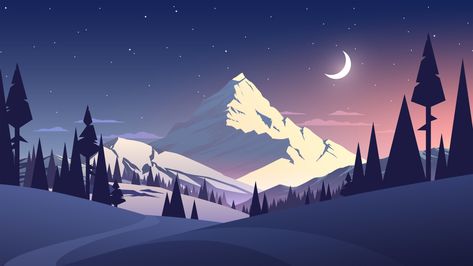 Night Mountains Summer Illustration (1600x900) Resolution Wallpaper For Desktop, Windows 10, Resolution, Moon, Wallpapers, Nature