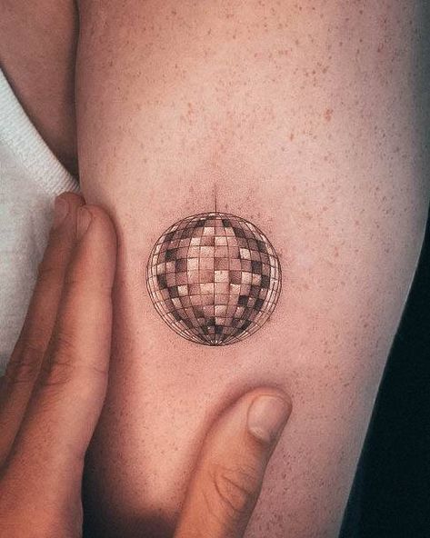 Disco Ball Tattoo Ideas, Disco Ball Tattoo Design, Small Disco Ball Tattoo, Edm Tattoo Ideas, Disco Tattoos, Groovy Tattoo Ideas, Mirror Ball Tattoo, Girly Tattoo Ideas, Human Doodle