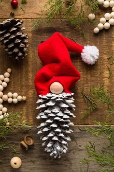 Decorating With Gnomes For Christmas, Crafts With Pinecones Christmas, Diy Christmas Pinecones, Pinecone Gnomes Diy How To Make, Pinecone Tree Ornaments, How To Make Gnomes, Christmas Homemade Ornaments, Pinecone Gnome Ornaments, Crafts With Pinecones