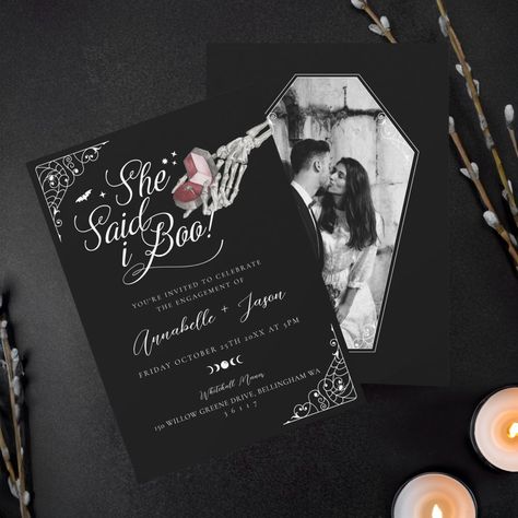 Engagement Party Invitations she said i boo skeleton hand ring box engagement announcement halloween skeleton hand skeleton hand ring box halloween engagement announcement gothic engagement she said i boo yes said yes we are engaged halloween engagement party engagement party Theme Engagement Party, Skeleton Hand Ring, Watercolor Skeleton, Gothic Theme, Floral Halloween, Planning A Small Wedding, Ring Box Engagement, Halloween Skeleton Hand, Halloween Themed Wedding